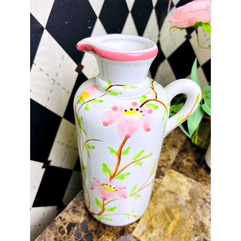 Hand Painted Floral Ceramic Pitcher Signed Martan Robalo 11" Pitcher Bud Vase - Picture 3 of 9